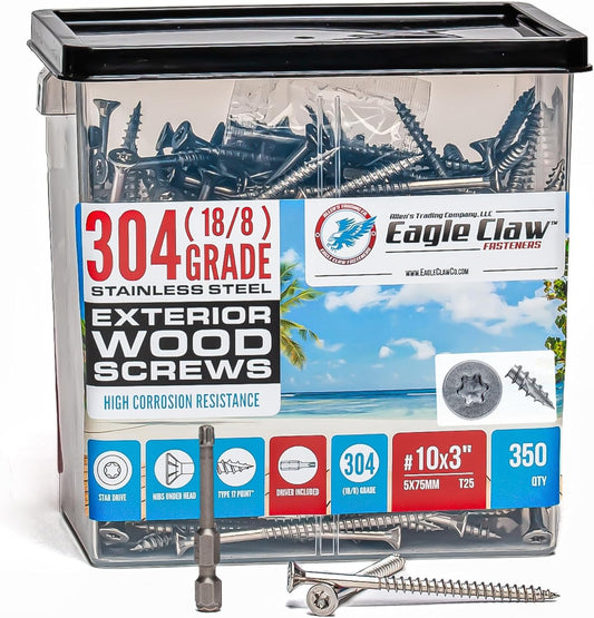 #10 x 3 Inch Stainless Steel Deck Screws 350 Pieces | T25 Star Torx Drive Flat Head | 304 Grade Stainless Steel Wood Screws High Corrosion Resistance by Allen's Trading Co. Eagle Claw Fasteners