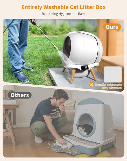 HoneyGuaridan Self Cleaning Cat Litter Box, Automatic Cat Litter Box for Multiple Cats,Water Rinsable and Easy to Clean,APP Control,Integrated Safety Protection,2 Roll Garbage Bags