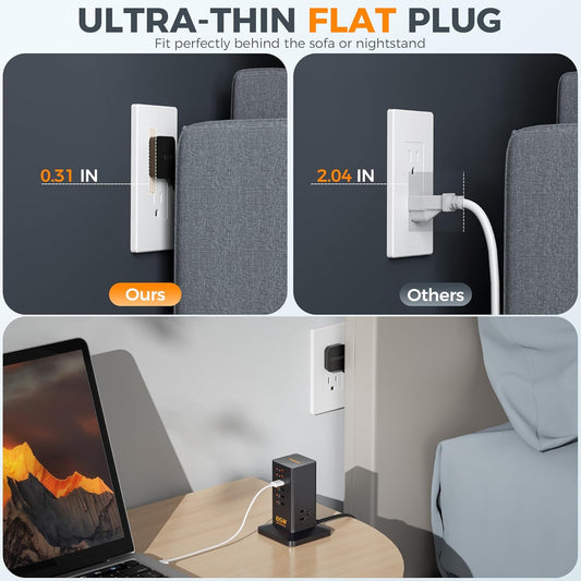 Charging Station, TESSAN 65W Max GaN USB C Charger Block, 6-Ports and 3 AC Outlets Power Tower, Fast Charging for Multiple Devices, Compatible with iPhone, Samsung and More - PuriLite