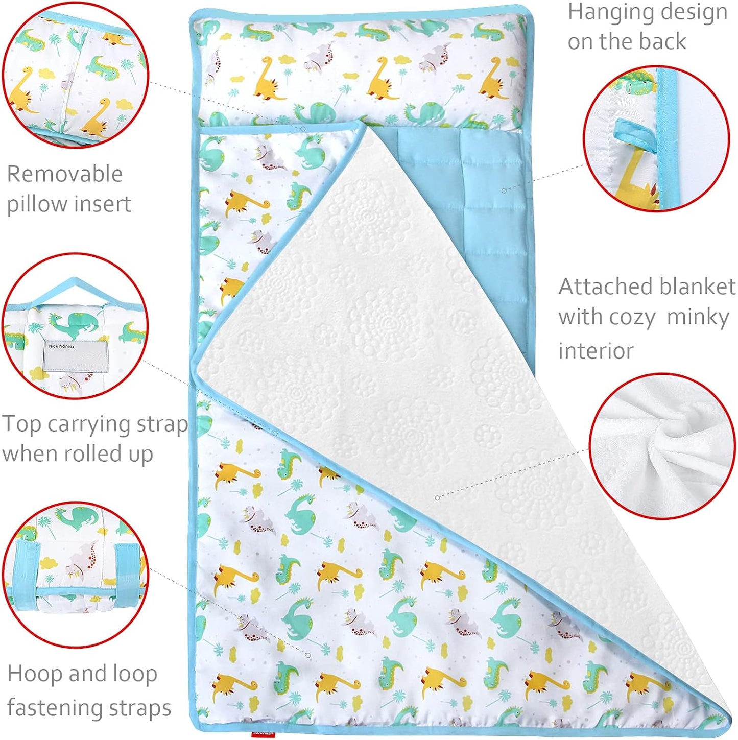 Toddler Nap Mat with Pillow and Fleece Minky Blanket, Kids Sleeping Bag Lightweight and Soft Perfect for Kids Preschool, Daycare, Travel Sleeping Bag Boys and Girls, Fit Standard Cot