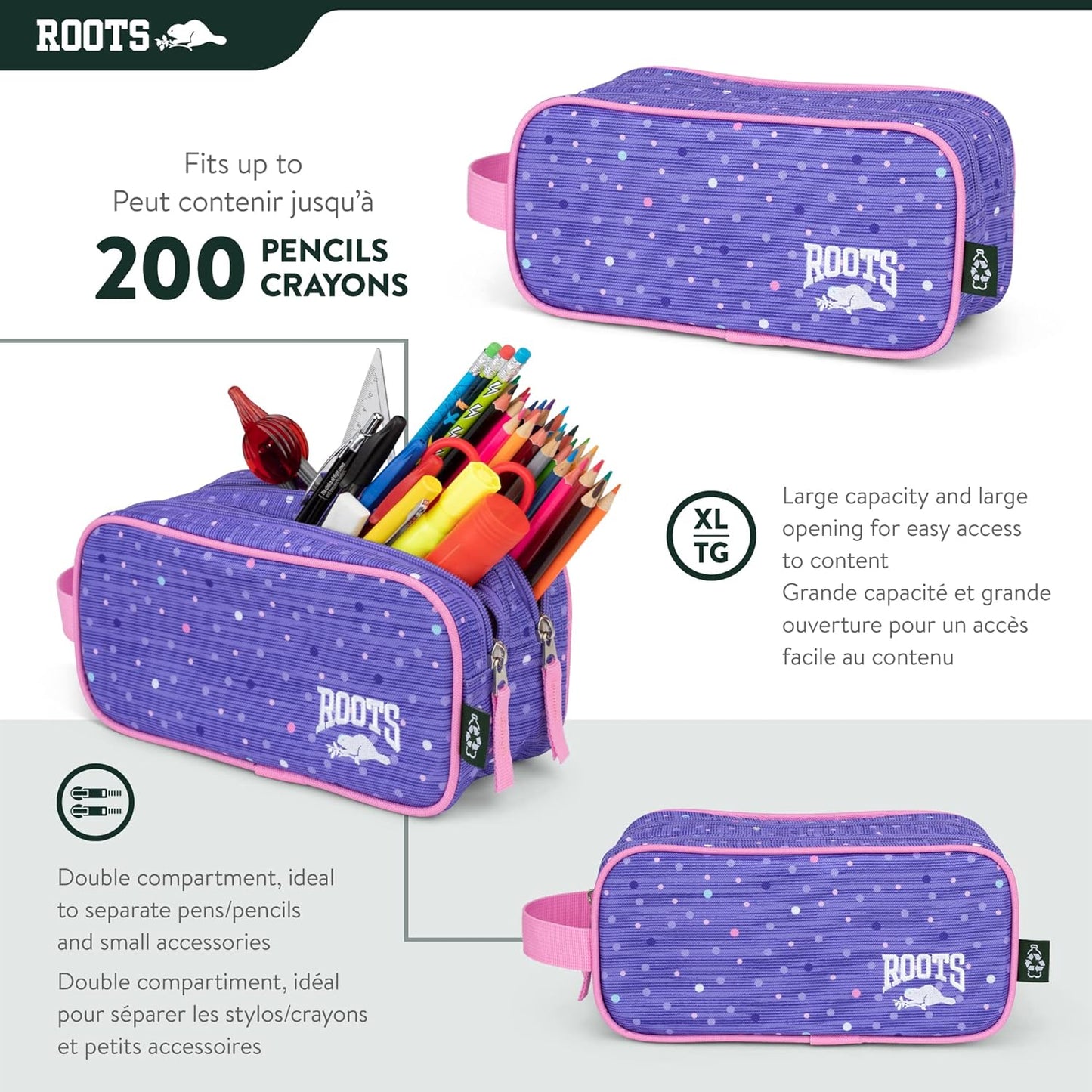 Roots Essential 3-in-1 Matching Water Resistant Kids Backpack and Lunch Bag Set with Bonus Pencil Case - Made From 100% Recycled Fabrics - 22.5 litres, Purple Pink Polka Dot