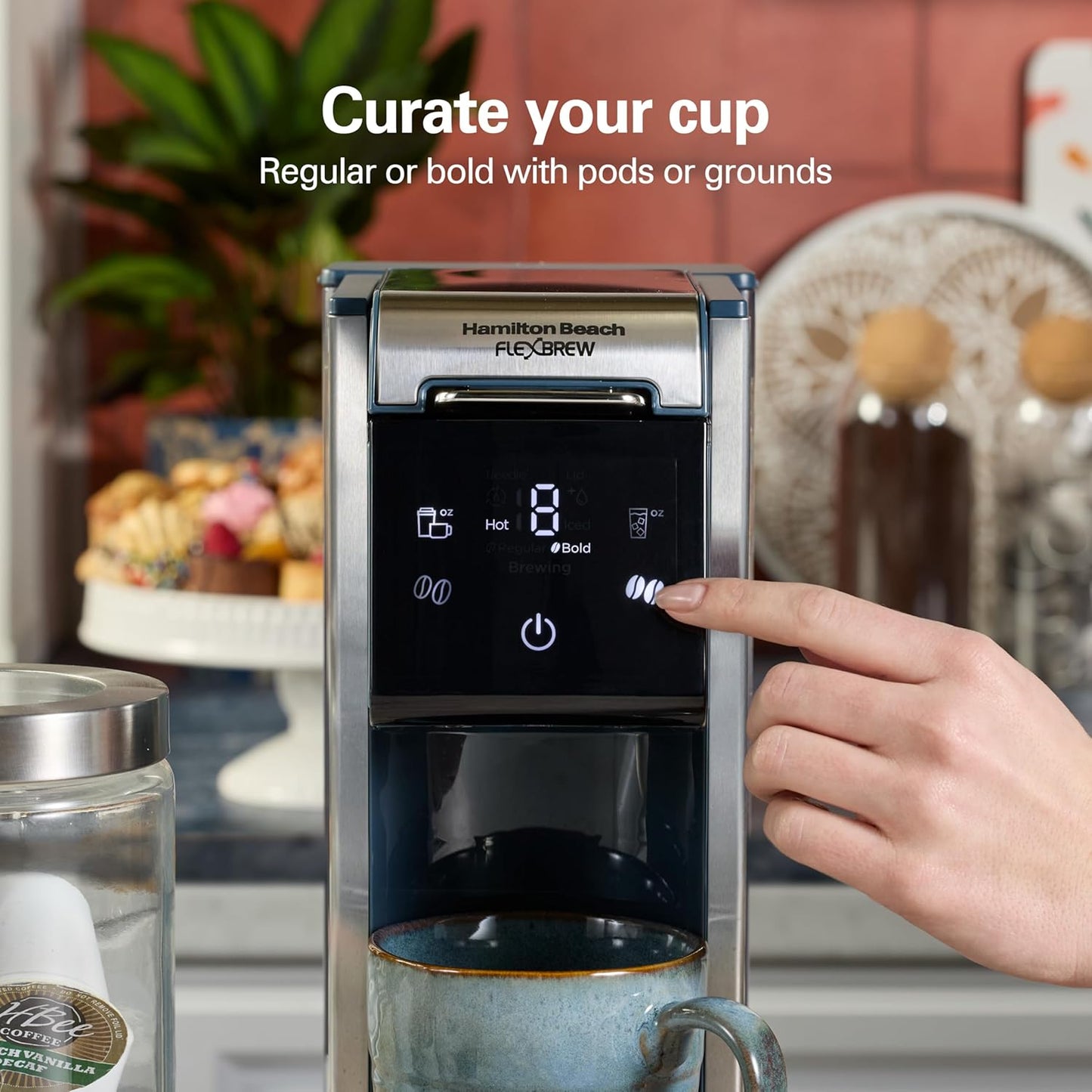 Hamilton Beach FlexBrew Advanced 4-in-1 Single Serve Hot & Iced Coffee Maker with Removable 45 oz. Water Reservoir, Use Pod Packs and Grounds, Fast Brewing, 1125 watts, Kitchen Makeover Blue,49936