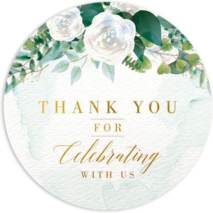 Mobiusea Creation White Floral Thank You for Celebrating with us Stickers | 2 inch | Gold Foil | 60pcs Waterproof Thank You Stickers Wedding Labels for Wedding, Bridal Shower, Baby Shower