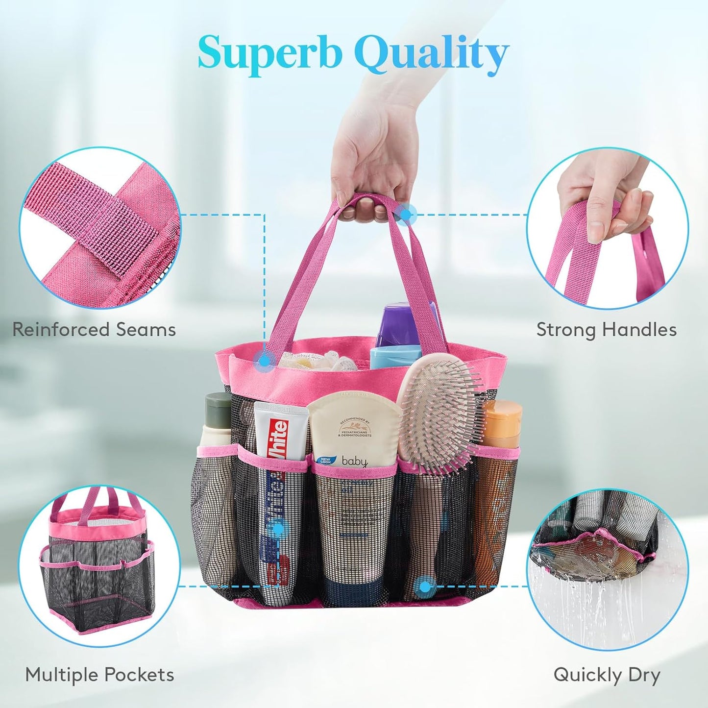 Lifewit Mesh Shower Caddy Freestanding Portable Shower Tote Bag for College Dorm, Bathroom, Gym, Travel, Quick Dry Hanging Shower Organizer with 7 Storage Pockets for Toiletry Essentials, Medium,Black