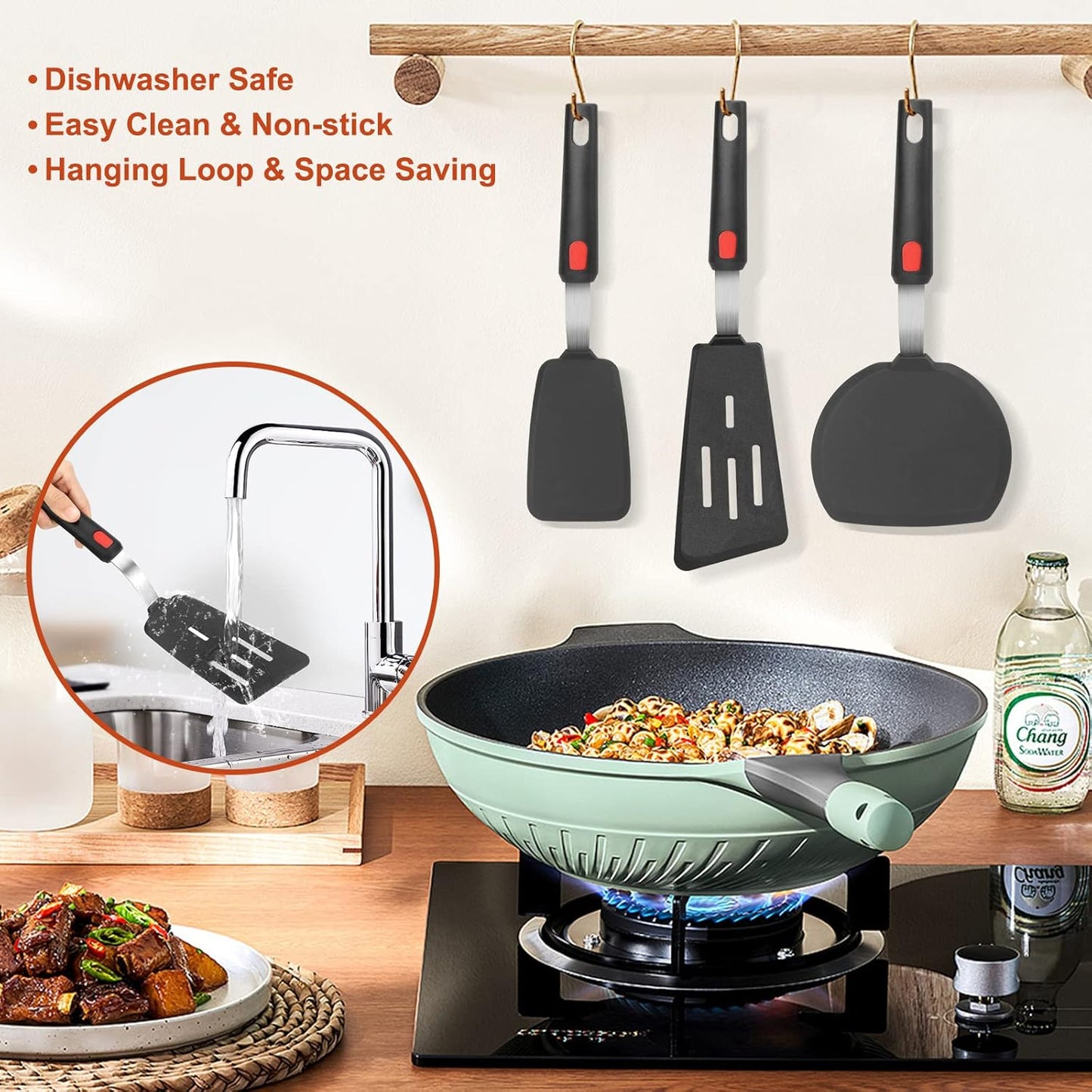 Hotec Silicone Spatula Turner for Nonstick Cookware, Flexible 600F Heat Resistant, Ideal for Flipping Eggs, Burgers, Pancakes, Crepes and More (3 Pack)