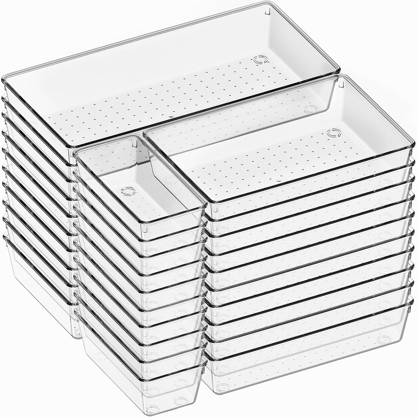 Criusia Large Drawer Organizer Bins 26 Pack | Complete 5 Size Clear Plastic Kitchen Drawer Organizers for Utensils | Bathroom Drawer Organizer Trays | Versatile for Makeup Office Organization