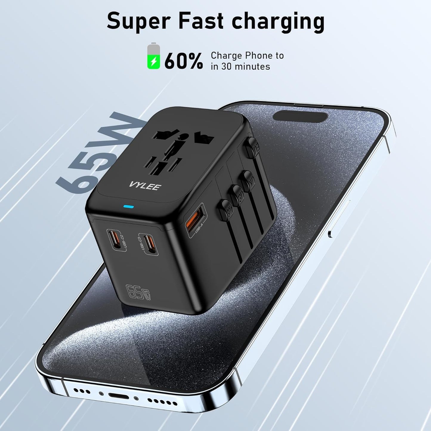 VYLEE Universal Travel Adapter, 65W Fast GaN International Power Adapter, 3PD USB-C+1QC USB-A European Travel Plug Adapter, US, UK, EU, AU Worldwide Travel Charger for Laptops, Tablets, Phones