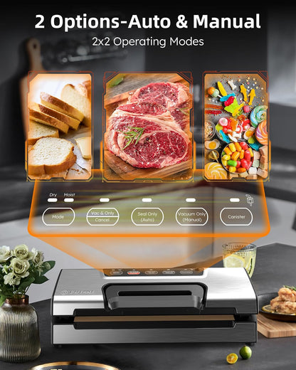 Vacuum Sealer Machine, Potane Commercial Pro Vacuum Food Sealer with Easy-Lock Handle, Built-in Cutter and Bag Storage, Dry&Moist Food Modes, Auto&Manual Sealing Options, 2 Bags Rolls, Stainless Steel