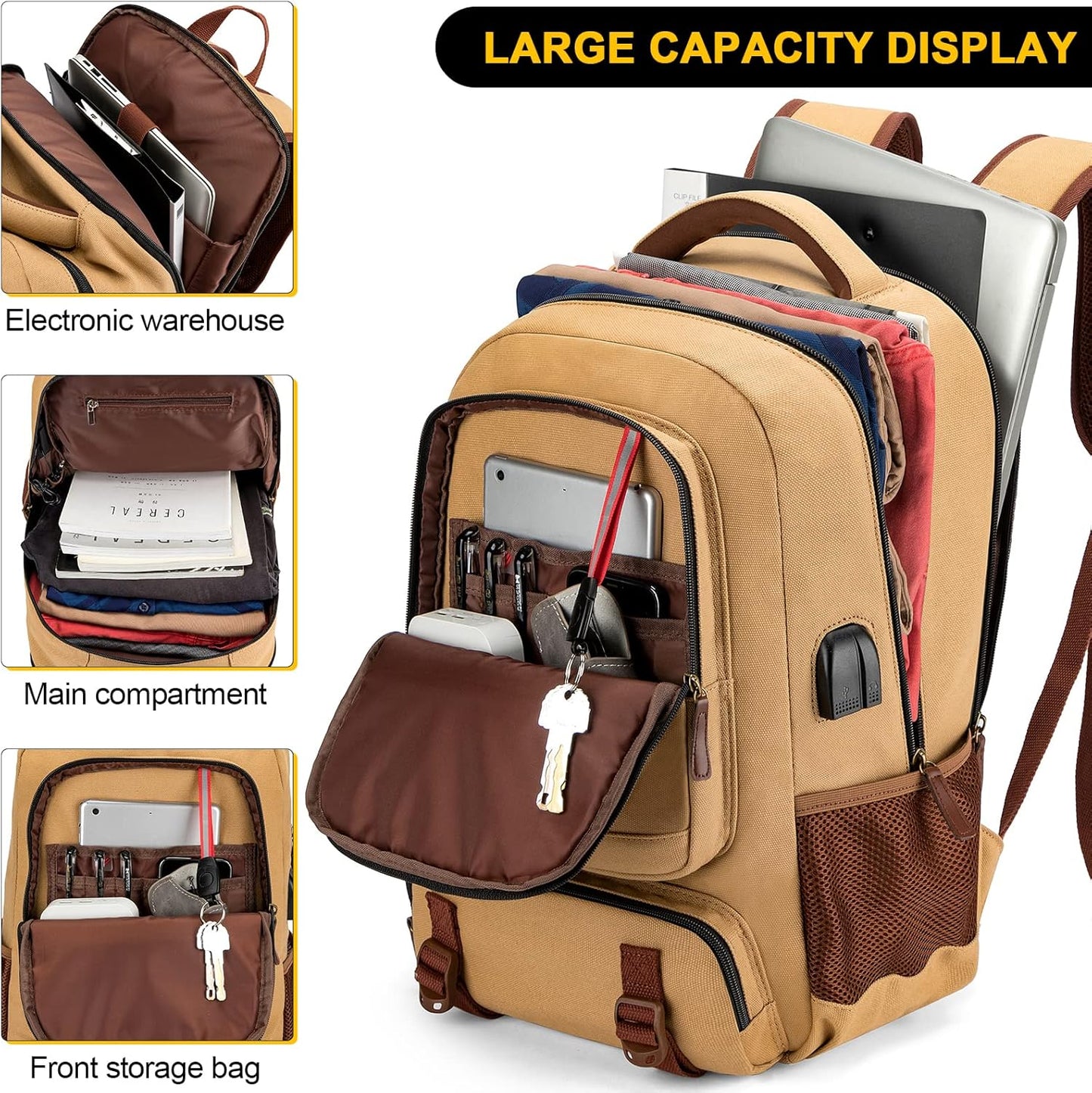 Tzowla Canvas Laptop Backpack Men,Bag for Women,School Travel College Work Rucksack Fits 15.6 Inch Laptop,Bookbag with USB Charging Port,Dark Grey