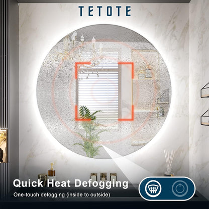 TETOTE 28 Inch Round LED Bathroom Vanity Mirror, Anti-Fog Dimmable Lights IP54 Waterproof Circle Makeup Wall Mounted Mirror