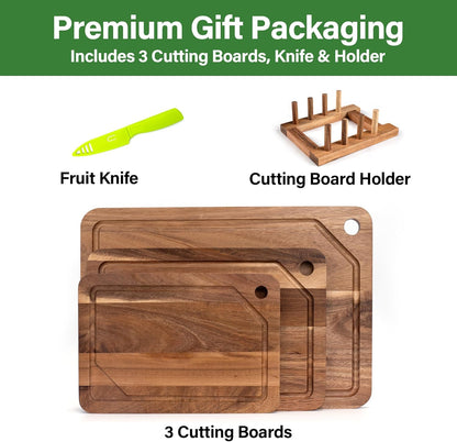 Bamboo Cutting Board for Kitchen, Bamboo Cutting Board Set of 3 with Juice Groove, Double-Sided Chopping Board Serving Board with Hanging Hole for Meat, Vegetables and Cheese