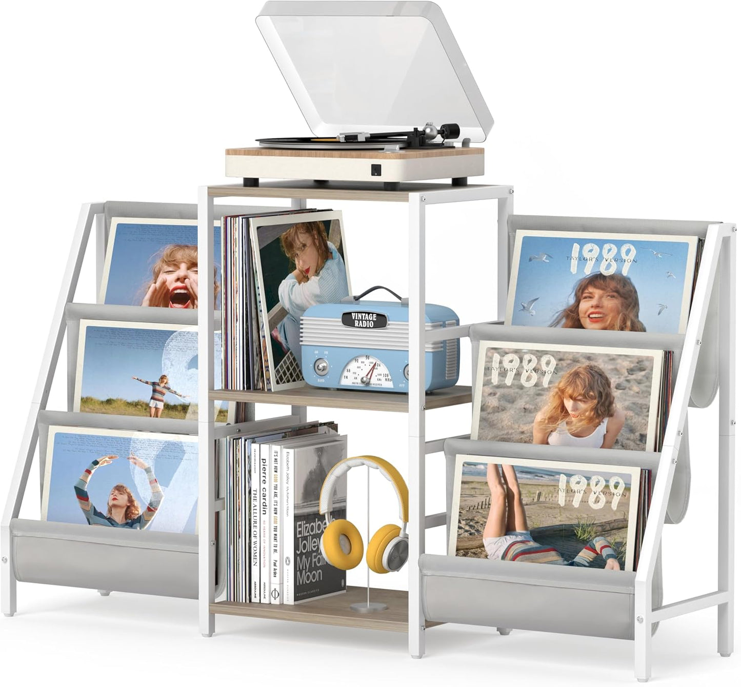 Record Player Stand with Vinyl Storage, Record Player Table with Record Storage 200 Albums, Turntable Stand with Record Holder Vinyl Display Shelf, Record Cabinet Media Stereo (White) - PuriLite