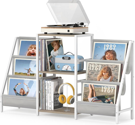 Record Player Stand with Vinyl Storage, Record Player Table with Record Storage 200 Albums, Turntable Stand with Record Holder Vinyl Display Shelf, Record Cabinet Media Stereo (White)