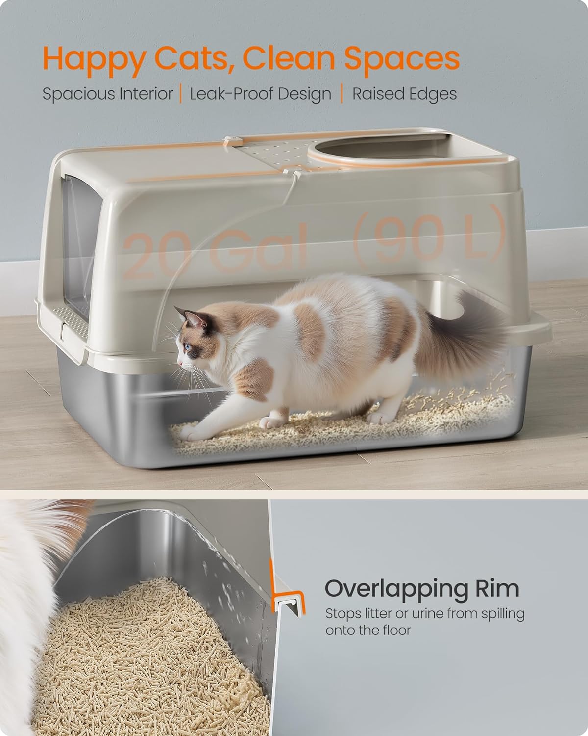 Feandrea Stainless Steel Cat Litter Box with Flip Lid, XL Enclosed Litter Box for Cats up to 15 kg, with Leak-Proof Design, Scoop, Brush, Dual Entry, Cappuccino Beige UPPT005K01