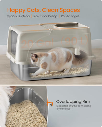 Feandrea Stainless Steel Cat Litter Box with Flip Lid, XL Enclosed Litter Box for Cats up to 15 kg, with Leak-Proof Design, Scoop, Brush, Dual Entry, Cappuccino Beige UPPT005K01