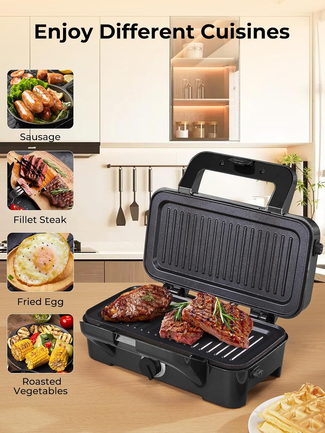 Sandwich Maker 3-in-1, Belgian Waffle Maker and Electric Panini Grill with 5-Gear Temperature and LED Indicator Lights, 3 Sets of Detachable Non Stick Plates, 1200W