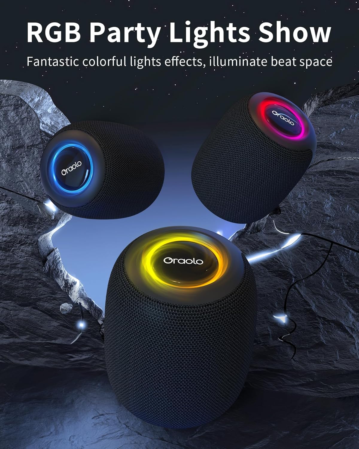 Oraolo Bluetooth Speaker, IPX7 Waterproof Portable Bluetooth Speaker with 16W Immersive Audio, 30H Playtime, LED Light, Bluetooth 5.3, Support TWS, Wireless Speakers for Outdoor Camping Home