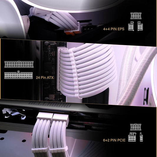 EZDIY-FAB PSU Extension Cable Sleeved Custom Mod PC Power Supply Cable, Soft Nylon Braided with Comb Kit 24PIN/8PIN to 6+2Pin/ 8PIN to 4+4PIN-30CM 300MM - All White Edition - PuriLite