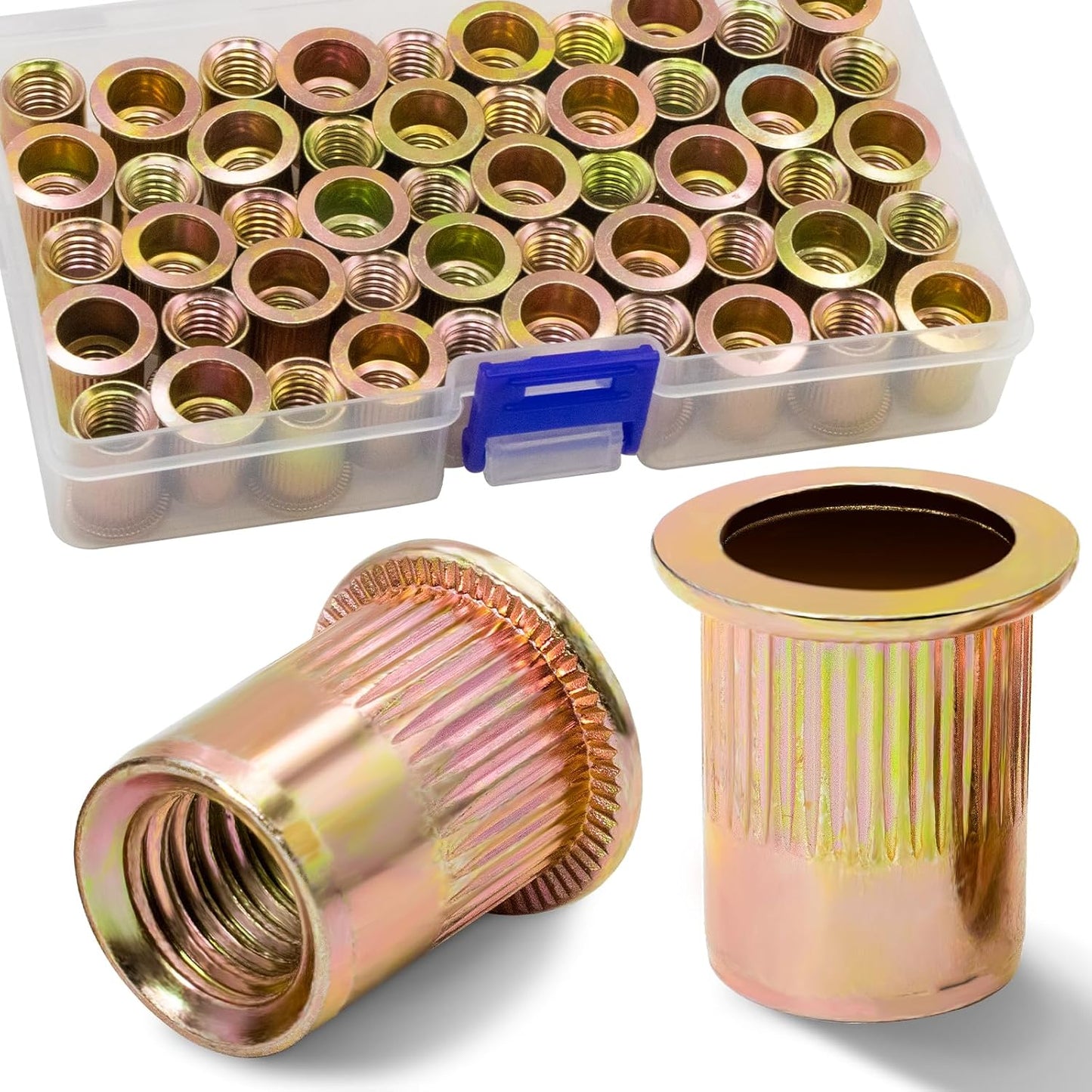 Vifmy Metric & SAE Rivet Nut Assortment Kit(420 Pcs),m3 m4 m5 m6 m8 m10 m12#6-32#8-32#10-24 1/4"-20 5/16"-18 3/8"-16 UNC Flat Head Rivnut Set,Zinc Plated Finish Carbon Steel Nutsert