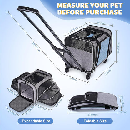 Pet Carrier Airline Approved on Wheels - Two Sided Expandable Cat Soft Carrier for Puppy and Cats Under 26lbs, Rolling Cat Carrier for Airplane, Camping, Outdoor(Pink)