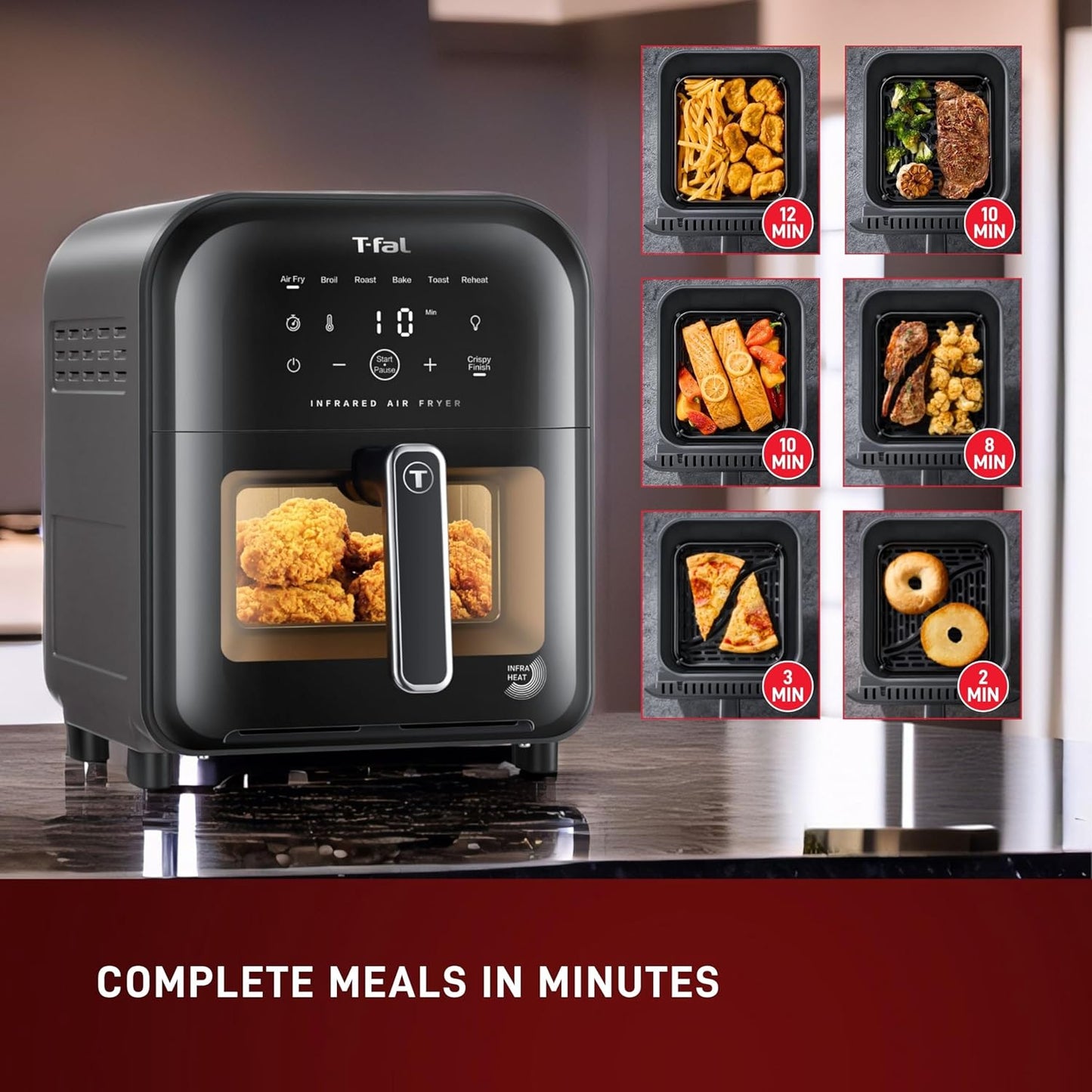 T-fal Infrared 2.0 Air Fryer, 8-in-1, Extra Large 7L / 7.3Qt., Infra-Heat Technology, Dual heating design, No pre-heating, Faster, Juicier and Crispier, Black