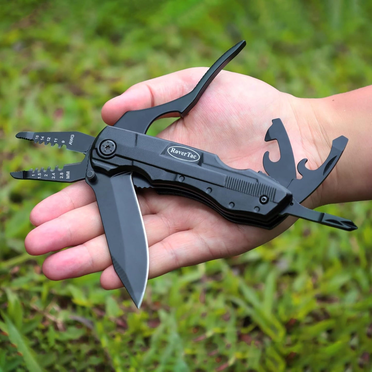 RoverTac Pocket Knife Tactical Folding Knife Multi Tool Survival Camping Knife, Multitool Knife Pliers Bottle & Can Opener 9-Pack Screwdrivers Liner Lock Nylon Sheath, Pocket Knife for Camping Hiking