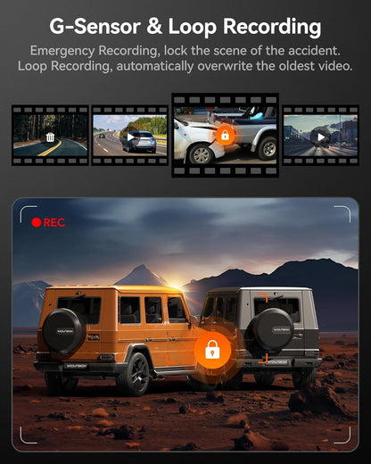 WOLFBOX i17 4K 3 Channel Dash Cam Built-in 5.8GHz WiFi GPS with 64GB Card, 4K+1080P+1080P Dash Cam Front and Rear Inside, Triple Car Camera with 3 Inch Screen, IR Night Vision, WDR, 24H Parking Mode