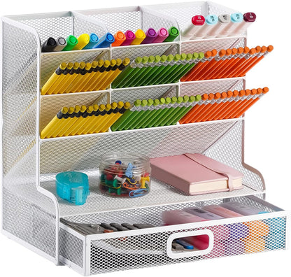 Marbrasse Mesh Desk Organizer, Multi-Functional Pen Holder, Pen Organizer for desk, Desktop Stationary Organizer, Storage Rack for School Home Office Art Supplies (White Mesh Pen Holder with Drawer)