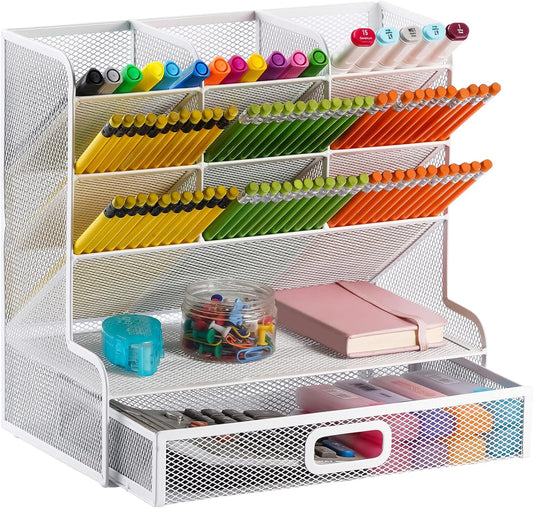 Marbrasse Mesh Desk Organizer, Multi-Functional Pen Holder, Pen Organizer for desk, Desktop Stationary Organizer, Storage Rack for School Home Office Art Supplies (White Mesh Pen Holder with Drawer)