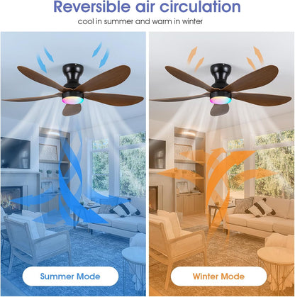 Modern Ceiling Fans with Lights Remote/APP Control, 29" Flush Mount Ceiling Fans with 3 CCT Dimmable Lights, Low Profile Ceiling Fans with 5 Propeller Blades LED Lights for Kids Room Bedroom, Brown - PuriLite