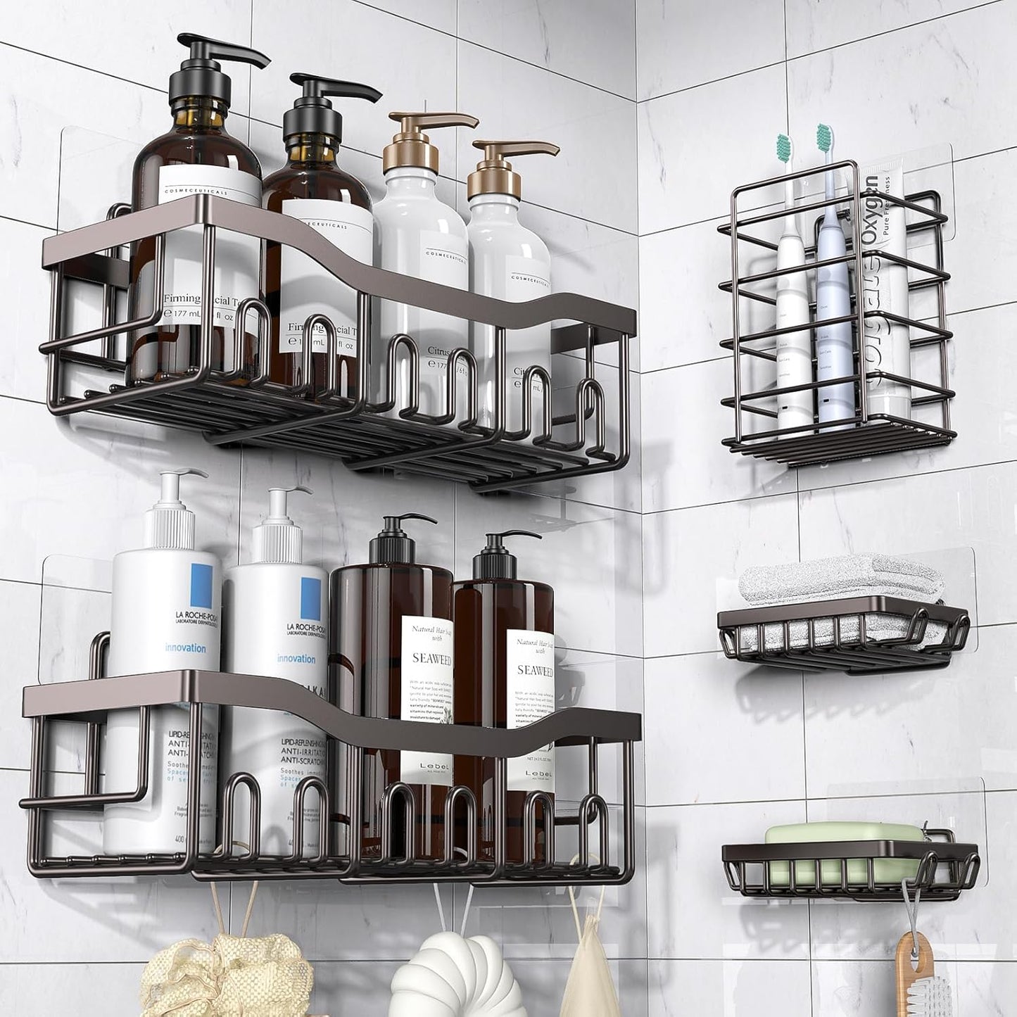 EUDELE 5-Pack Rustproof Stainless Steel Shower Caddy – No Drill Adhesive Bathroom Organizer with Large Capacity, Spacious Shower Shelves for Inside Shower, Kitchen & Home Decor Storage