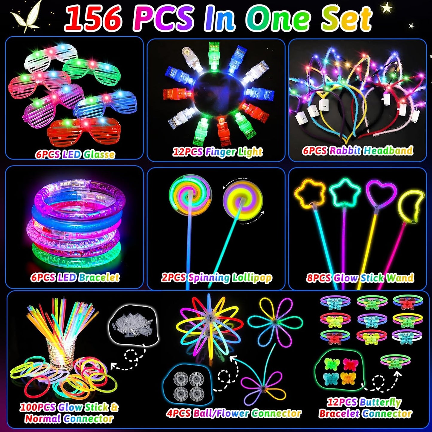 156Pcs Glow In The Dark Party Supplies for Kids/Adults, Light Up Accessories LED Bracelet Necklaces Glasses Headband Glow Sticks Bulk Party Pack Neon Disco Birthday Pool Summer Party Decorations