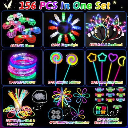 156Pcs Glow In The Dark Party Supplies for Kids/Adults, Light Up Accessories LED Bracelet Necklaces Glasses Headband Glow Sticks Bulk Party Pack Neon Disco Birthday Pool Summer Party Decorations