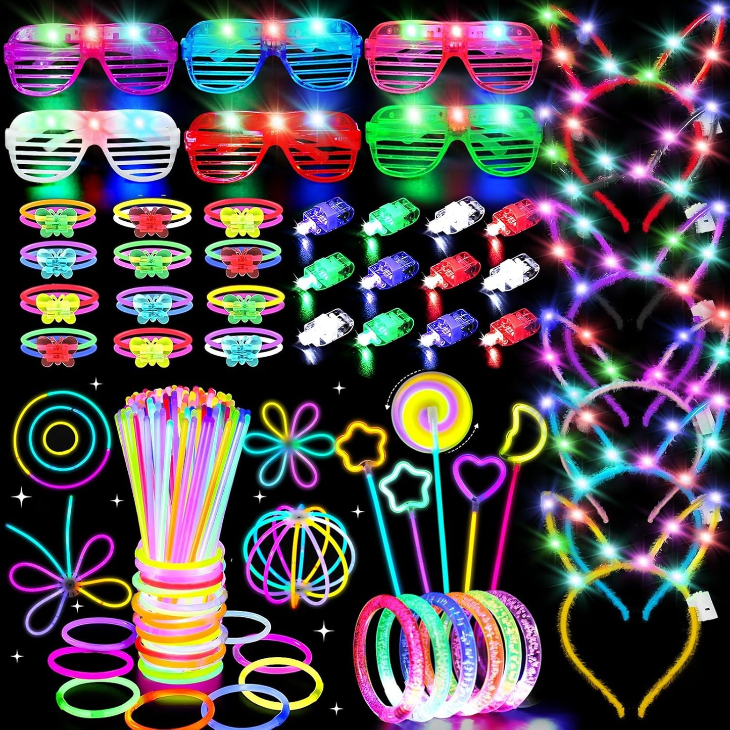 156Pcs Glow In The Dark Party Supplies for Kids/Adults, Light Up Accessories LED Bracelet Necklaces Glasses Headband Glow Sticks Bulk Party Pack Neon Disco Birthday Pool Summer Party Decorations