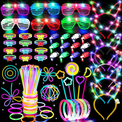 156Pcs Glow In The Dark Party Supplies for Kids/Adults, Light Up Accessories LED Bracelet Necklaces Glasses Headband Glow Sticks Bulk Party Pack Neon Disco Birthday Pool Summer Party Decorations