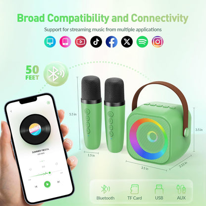 Mini Karaoke Machine：Portable Bluetooth Karaoke Microphone Singing Speaker with 2 Wireless Mic and Light Kids Adults,Christmas Birthday Gifts for Girls Boys Family Home Party(Green)
