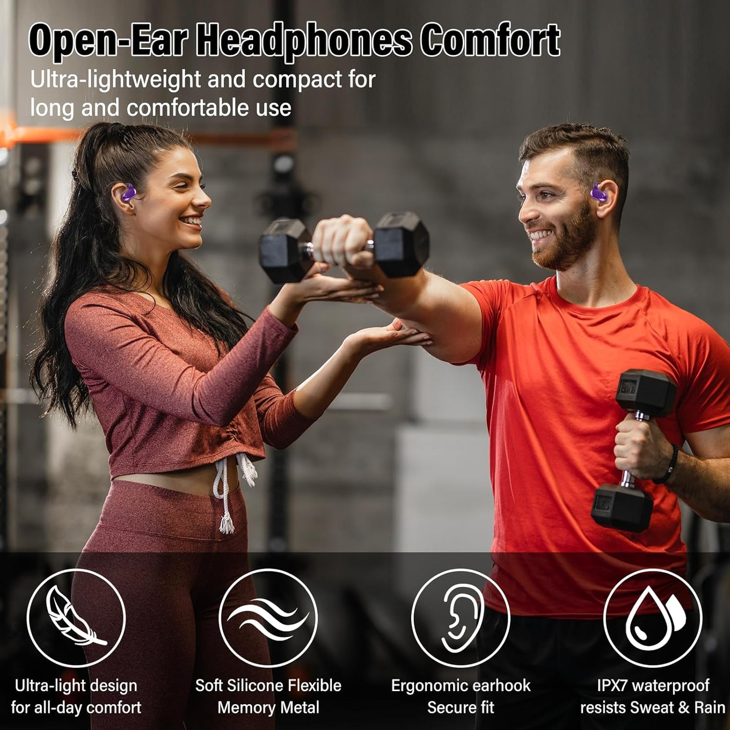 Open Ear Headphones, Bluetooth 5.4 Earphones 36H Playtime Air Conduction Headphones with Mic, Adjustable Earhook Earbuds with ENC Clear Calls/LED Display, IPX7 Waterproof Open Ear Earbuds Dark Purple