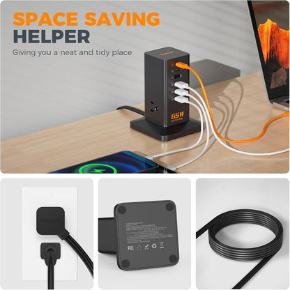 Charging Station, TESSAN 65W Max GaN USB C Charger Block, 6-Ports and 3 AC Outlets Power Tower, Fast Charging for Multiple Devices, Compatible with iPhone, Samsung and More