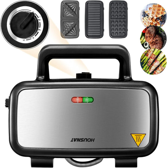 Sandwich Maker 3-in-1, Belgian Waffle Maker and Electric Panini Grill with 5-Gear Temperature and LED Indicator Lights, 3 Sets of Detachable Non Stick Plates, 1200W