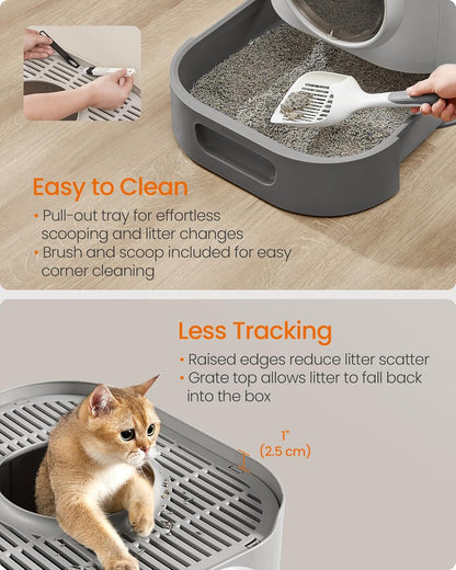Feandrea Cat Litter Box with Lid, XL Enclosed Litter Box with Slide-Out Tray, Scoop, Brush, for Large Cat, Anti-Tracking, Anti-Leaking, Dove Gray and Slat Gray UPPT002B01