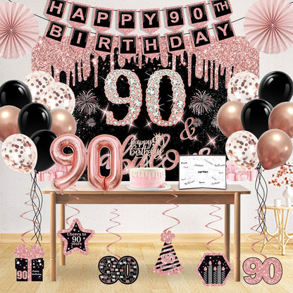 40th Birthday Decorations for Women,32pcs 40th Birthday Party Decorations,Including Backdrop, Crown,Sash,banner, Hanging Swirl,Cake Topper,balloons,Paper Fans,Anniversary Card and paper fans