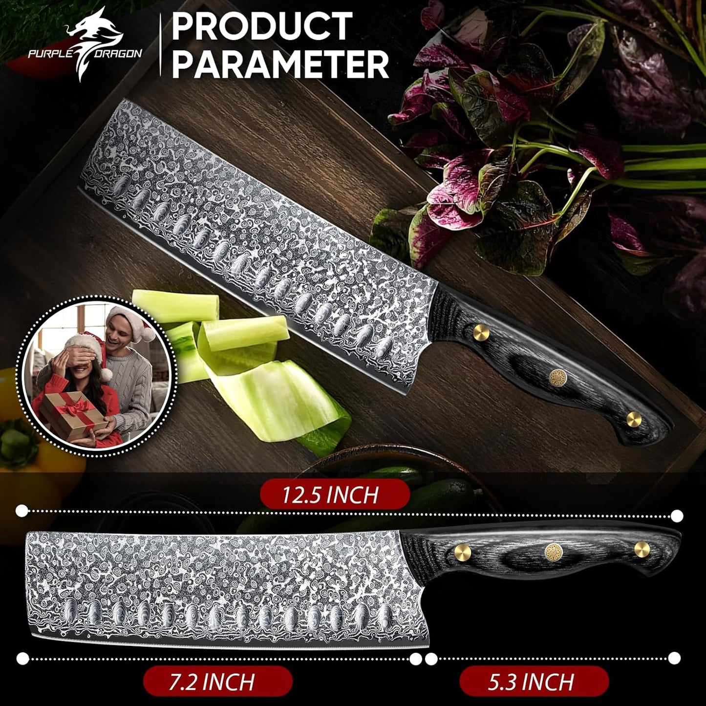 Purple Dragon Damascus Fish Fillet Knife - 7 inch Flexible Boning Knife with VG10 Core, Kitchen Slicing Knife with Full Tang Handle, Birthday Dad Mom Gift