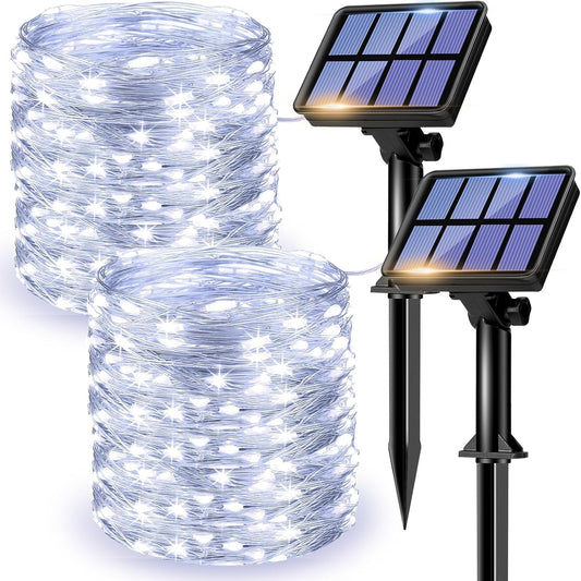 Solar Fairy Lights Outdoor, 2 Pack Total 240 LED Solar String Lights, 8 Modes Solar Twinkle Lights Outdoor Waterproof, Copper Wire Lights for Garden Tree Yard Party Christmas Decorations (Cool White)