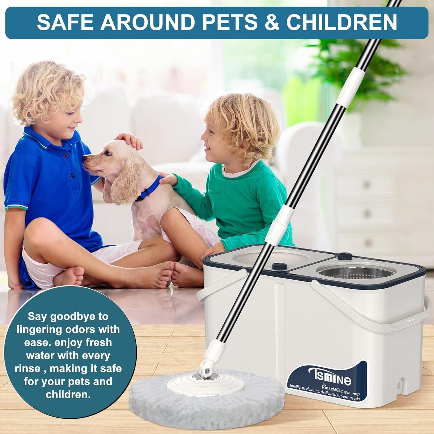 RinseWise Spin Mop and Bucket Separate Clean and DirtyWater, Mop and Bucket with Wringer Set, 4-Chamber Commercial Spinning Mopping Bucket Cleaning Supplies with 8 Microfiber Replacement Head Refills