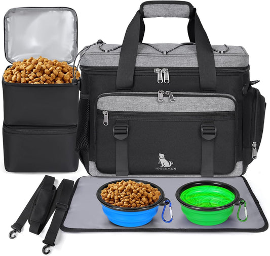 IGOLUMON Dog Travel Bag Weekend Pet Travel Bag Set for Supplies Large Dog Camping Kit Airline Approved Tote Organizer with Multi Pockets, 2 Large Food Containers, 2 Dog Bowls, 1 Feeding Mat