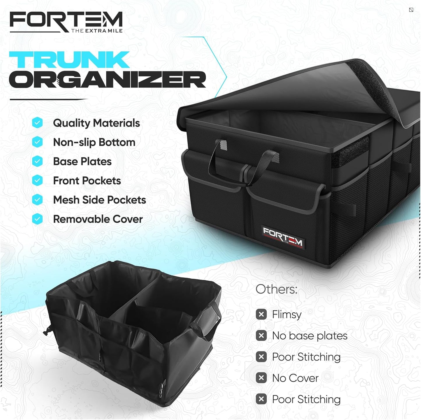 FORTEM Car Trunk Organizer, Collapsible Multi Compartment Car Organizer, Foldable SUV Storage for Car Accessories for Women Men, Non Slip Bottom, Securing Straps, Soft Cover 50L (Black, Standard)