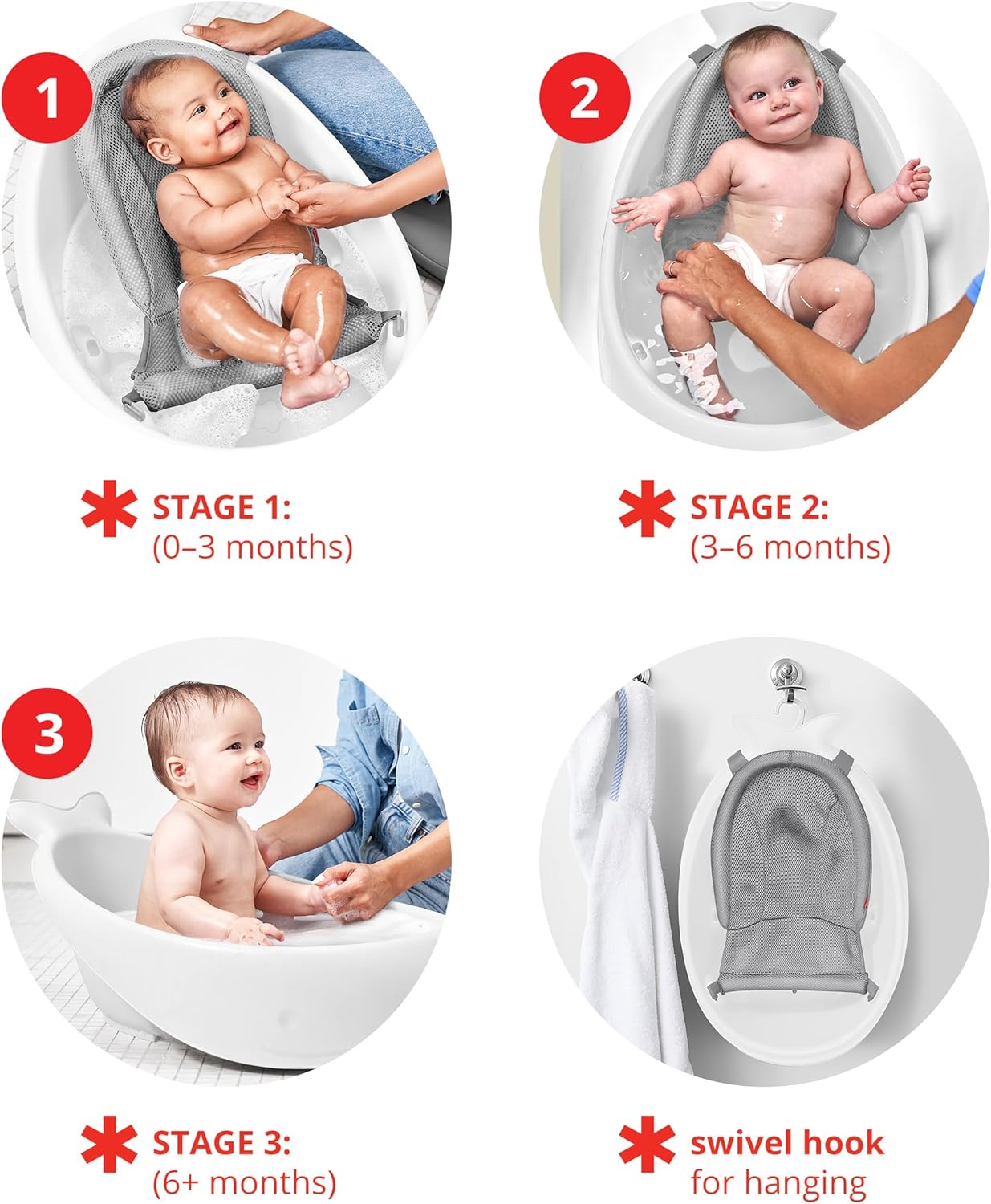 Skip Hop Baby Bath Tub, 3-Stage Smart Sling Tub, Moby, White - PuriLite