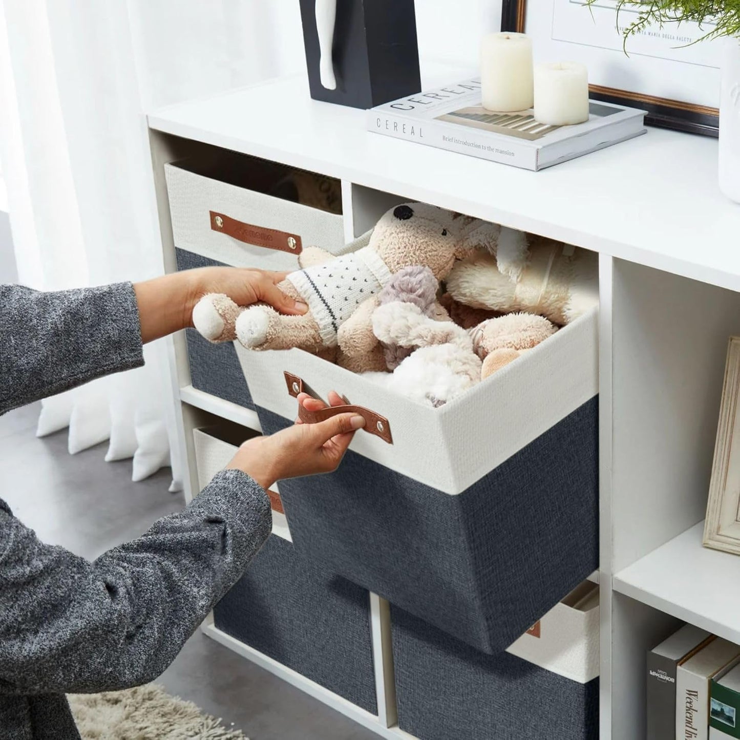 DECOMOMO Fabric Cube Storage Bin - Storage Baskets for Shelves, Kallax (Grey & White, 13 inch Cube) - 4 Pack