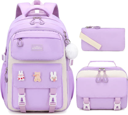DIGOBAY Girls Backpack, School Backpack for Girls with Lunch Box Pencil Case Set for Teen Kids Girl Elementary Primary Middle High College School Bookbag with Cute Pins Pink