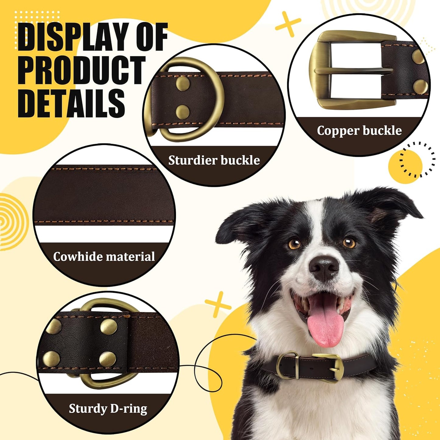 QRDA Leather Dog Collar Brown Dog Training Collar Heavy Duty Premium Leather Dog Collar Dog Collars for Medium/Large Dogs